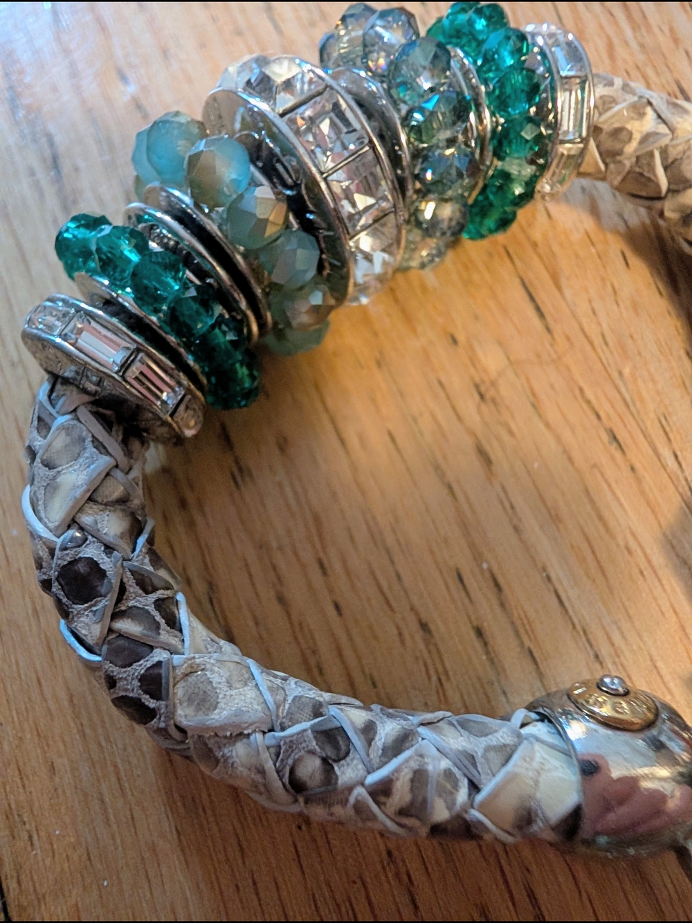 Henri Bendel Leather Beaded Charm Bracelet with Green and Clear Crystal Accents